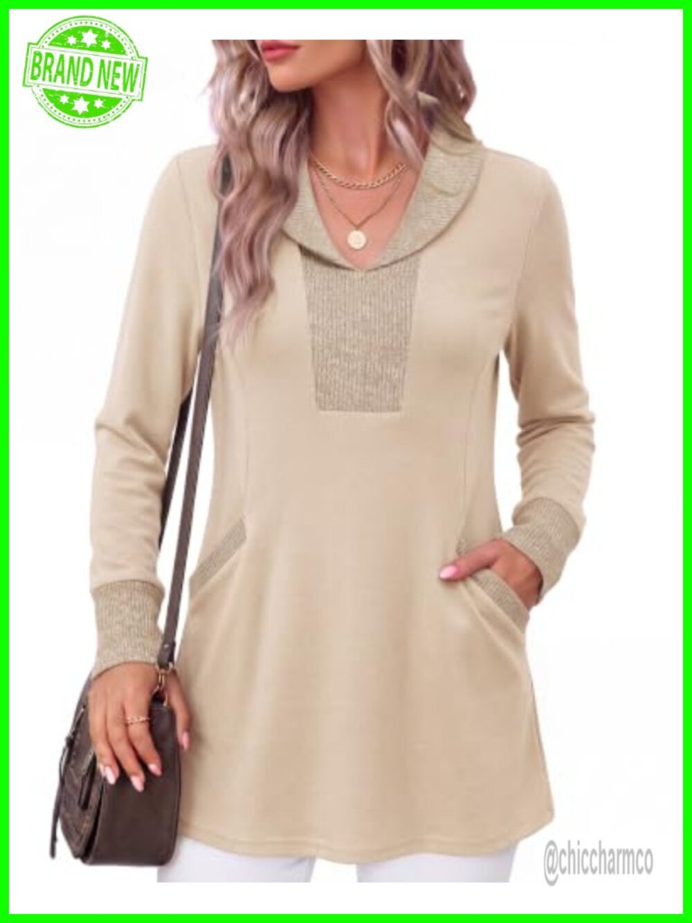 Womens V Neck Tunic Sweater with Pockets Long Sleeve Knit Top